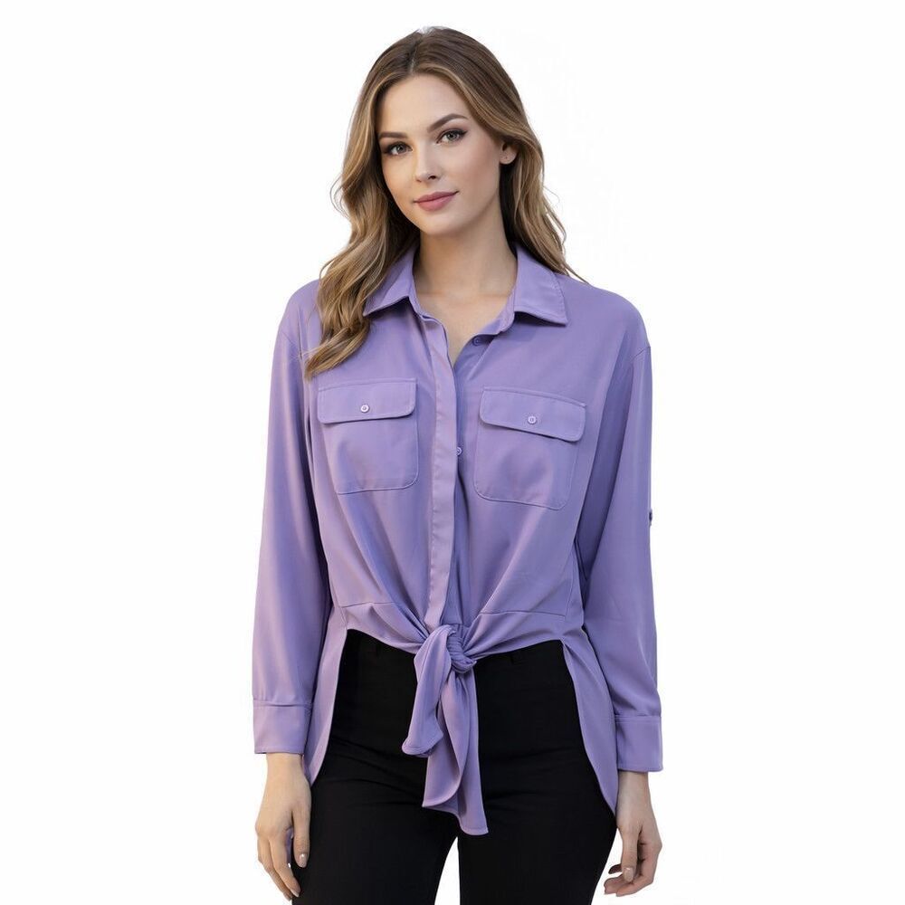 Lauren Ralph Lauren Tunic Shirt Womens Medium Purple Tie Front Top Button Front